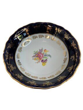VTG Y2K A.I Czech Republic Porcelain 10" Serving Bowl Floral Cobalt Blue